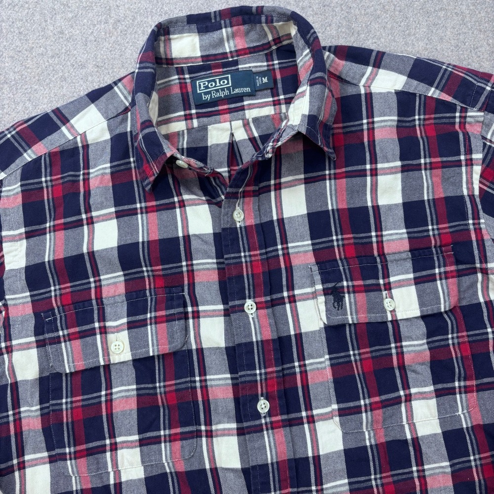Vtg 90s Polo Ralph Lauren Plaid Work Shirt Mens‎ Medium Red Blue Utility Pocket
